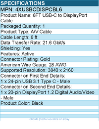 4Xem 4XUSBCDISPCBL6 6FT USB-C to DisplayPort Cable - Active - Black