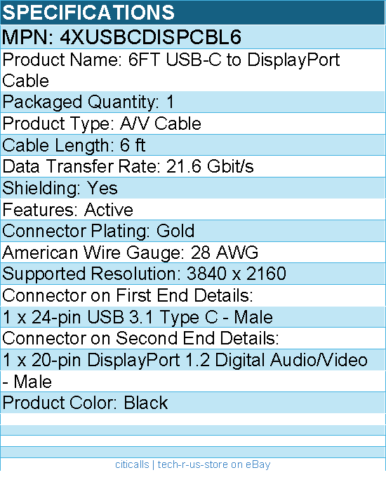 4Xem 4XUSBCDISPCBL6 6FT USB-C to DisplayPort Cable - Active - Black