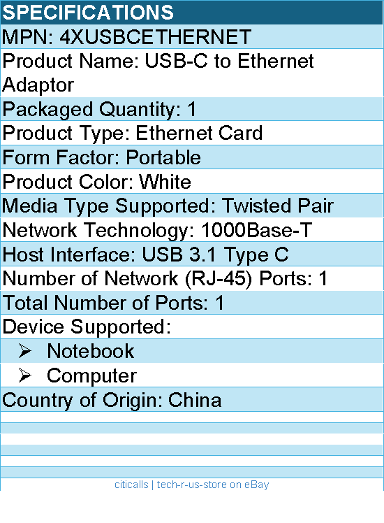 4Xem 4XUSBCETHERNET USB-C to Ethernet Adaptor - Compact  - White