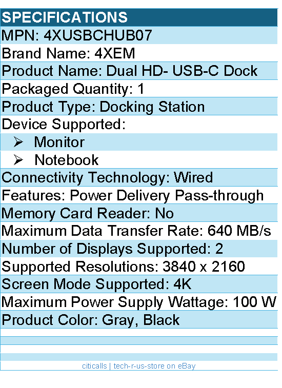 4Xem 4XUSBCHUB07 Dual Video USB-C Dock - Power Delivery Pass-through
