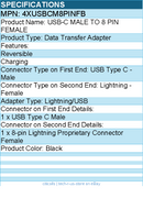 4Xem 4XUSBCM8PINFB USB-C MALE TO 8 PIN FEMALE - Data Transfer Adapter - Black