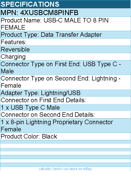 4Xem 4XUSBCM8PINFB USB-C MALE TO 8 PIN FEMALE - Data Transfer Adapter - Black