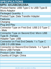 4Xem 4XUSBCMUSBA USB Type-C to USB Type-B Micro Adaptor - Black