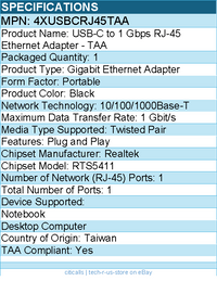 4Xem 4XUSBCRJ45TAA USB-C to 1 Gbps RJ-45 Ethernet Adapter - Black