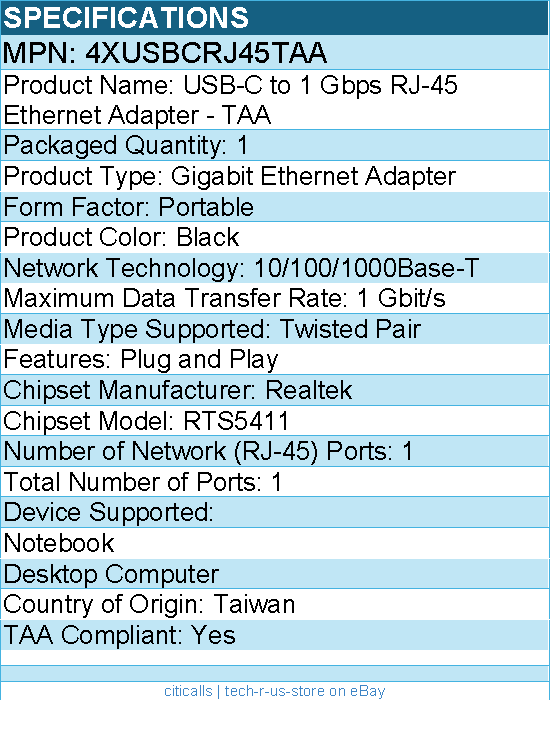 4Xem 4XUSBCRJ45TAA USB-C to 1 Gbps RJ-45 Ethernet Adapter - Black