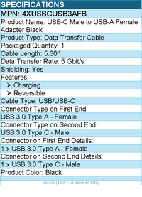 4Xem 4XUSBCUSB3AFB USB-C Male to USB-A Female Adapter - Reversible - Black