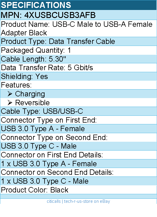 4Xem 4XUSBCUSB3AFB USB-C Male to USB-A Female Adapter - Reversible - Black