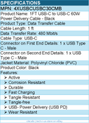 4Xem 4XUSBCUSBC30CMB 1FT USB-C to USB-C 60W Power Delivery Cable - Black
