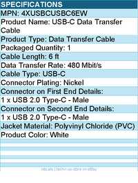 4Xem 4XUSBCUSBC6EW USB-C Data Transfer Cable - 6 ft - Durable - White