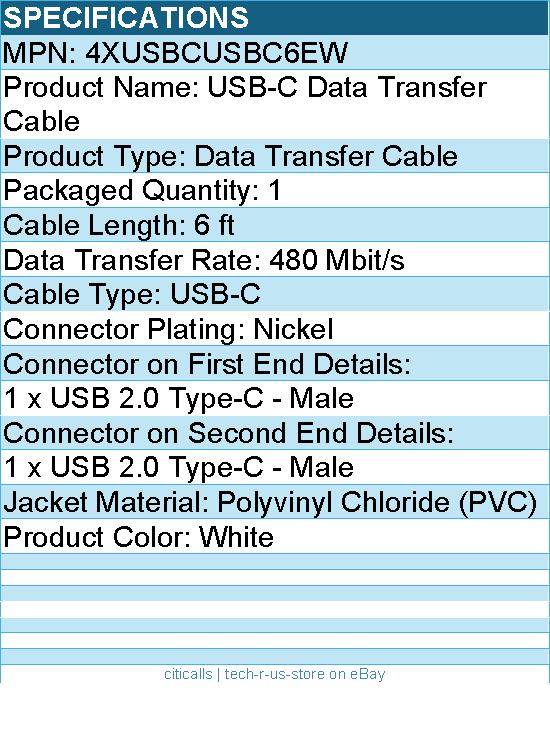 4Xem 4XUSBCUSBC6EW USB-C Data Transfer Cable - 6 ft - Durable - White