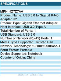 HP 4Z7Z7AA USB 3.0 to Gigabit RJ45 Adapter G2 - Twisted Pair - 10/100/1000Base-T