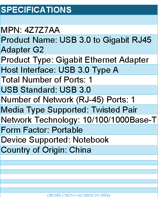 HP 4Z7Z7AA USB 3.0 to Gigabit RJ45 Adapter G2 - Twisted Pair - 10/100/1000Base-T