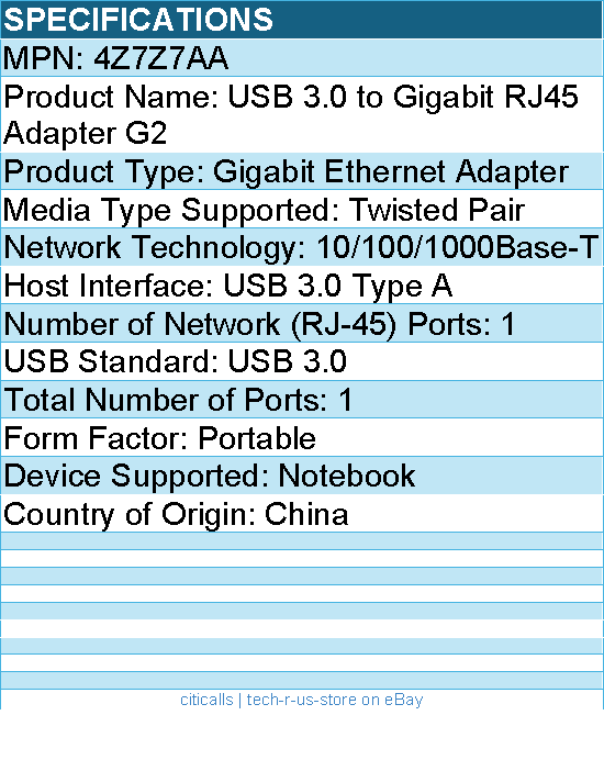 HP 4Z7Z7AA USB 3.0 to Gigabit RJ45 Adapter G2 - USB 3.0 Type A - 1 Port(s)