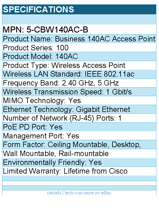 Cisco 5-CBW140AC-B 140AC IEEE 802.11ac 1 Gbit/s Wireless Access Point