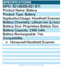 BTI 50148009-001-BTI 3.7V 2400MAH Li-ION SCANNER BATTERY for Honeywell Handheld