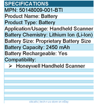 BTI 50148009-001-BTI 3.7V 2400MAH Li-ION SCANNER BATTERY for Honeywell Handheld