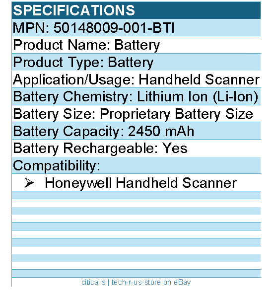 BTI 50148009-001-BTI 3.7V 2400MAH Li-ION SCANNER BATTERY for Honeywell Handheld