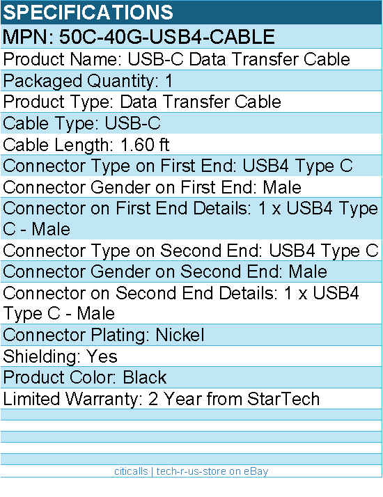 StarTech 50C-40G-USB4-CABLE 50cm (1.6ft) USB4 Cable,USB-IF Certified USB-C Cable