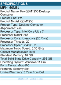 Dell 50M6J Pro QBM1250 Desktop Computer - Intel Core Ultra 7 265 - Micro PC