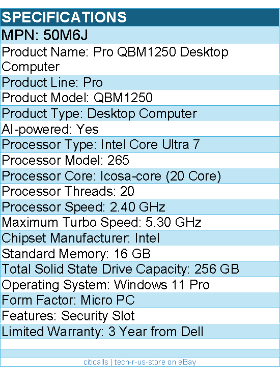 Dell 50M6J Pro QBM1250 Desktop Computer - Intel Core Ultra 7 265 - Micro PC