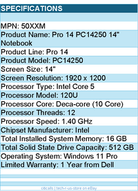 Dell 50XXM Pro 14 PC14250 14" Notebook - Full HD Plus - 60 Hz - Intel Core 5