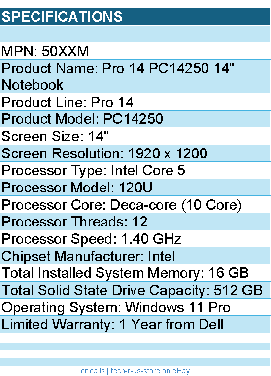 Dell 50XXM Pro 14 PC14250 14" Notebook - Full HD Plus - 60 Hz - Intel Core 5
