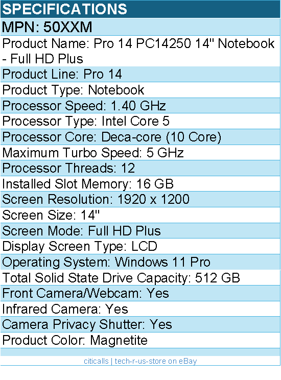 Dell 50XXM Pro 14 PC14250 14" Notebook - Full HD Plus - Intel Core 5 - Magnetite