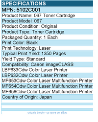 Canon 5102C001 Standard 067 Toner Cartridge - Laser - Black
