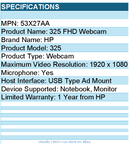 HP 53X27AA 325 Webcam - USB Type A - 1920 x 1080 - For Notebook, Monitor