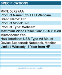 HP 53X27AA 325 Webcam - USB Type A - 1920 x 1080 - For Notebook, Monitor
