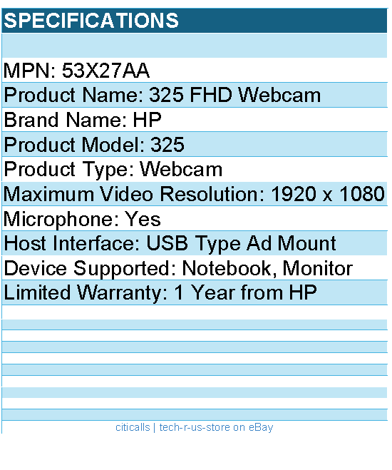 HP 53X27AA 325 Webcam - USB Type A - 1920 x 1080 - For Notebook, Monitor