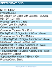 C2G 54401 6ft DisplayPort Cable with Latches, 4K 60Hz - Black