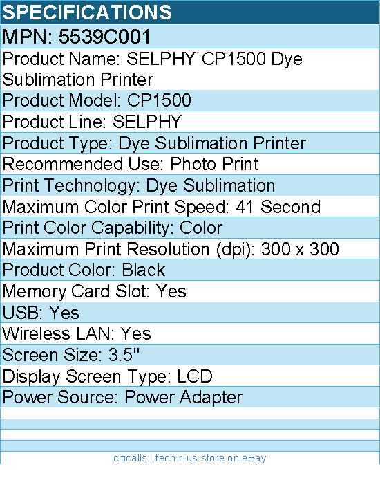 Canon 5539C001 SELPHY CP1500 Compact Photo Printer (Black)