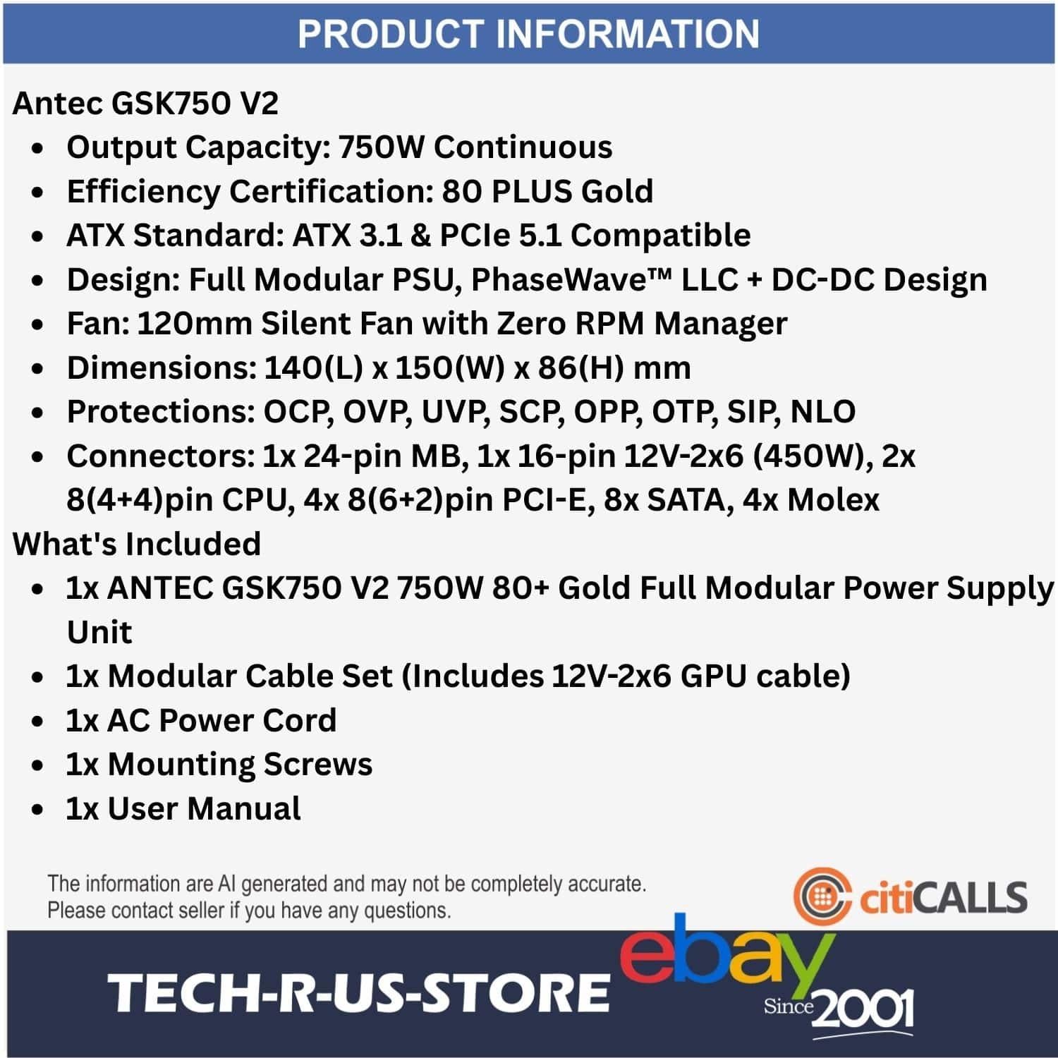ANTEC GSK750 V2 750W 80+ Gold Full Modular ATX 3.1 PCIe 5.1 PC Power Supply Unit