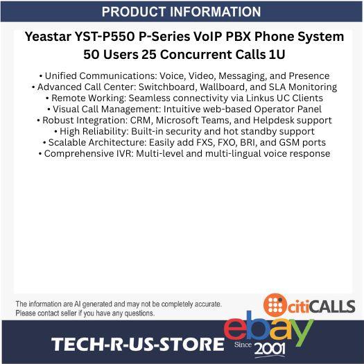 Yeastar YST-P550 P-Series VoIP PBX Phone System 50 Users 25 Concurrent Calls 1U