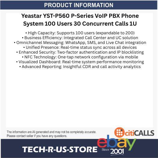Yeastar YST-P560 P-Series VoIP PBX Phone System 100 Users 30 Concurrent Calls 1U