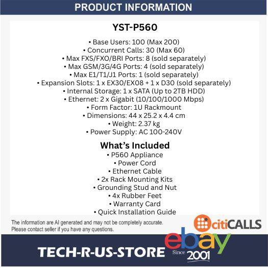 Yeastar YST-P560 P-Series VoIP PBX Phone System 100 Users 30 Concurrent Calls 1U