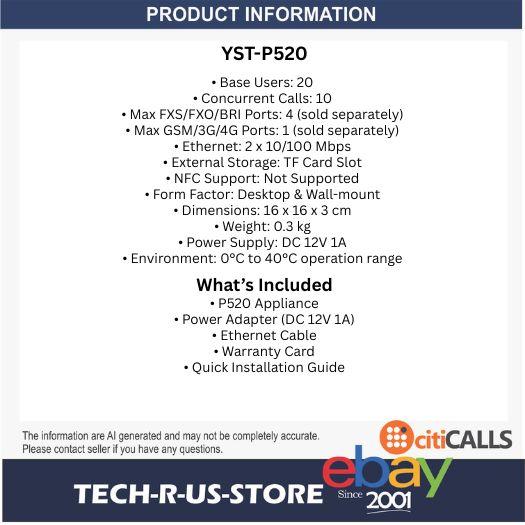 Yeastar YST-P520 P-Series VoIP PBX Phone System 20 Users 10 Concurrent Calls SMB