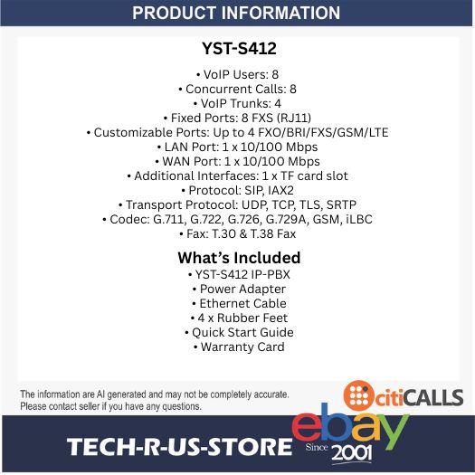 Yeastar YST-S412 S-Series VoIP PBX 8 Users 8 Concurrent Calls Modular Phone Syst