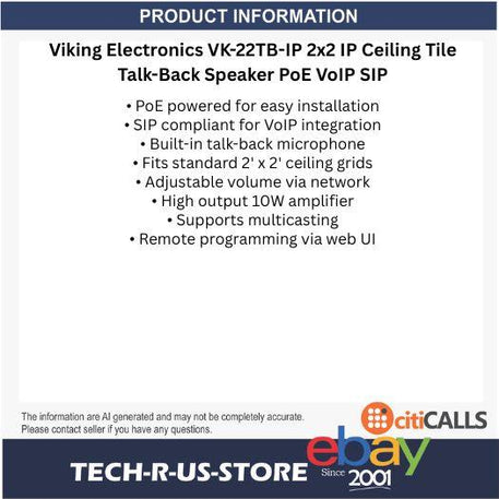 Viking Electronics VK-22TB-IP 2x2 IP Ceiling Tile Talk-Back Speaker PoE VoIP SIP