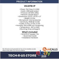Viking Electronics VK-22TB-IP 2x2 IP Ceiling Tile Talk-Back Speaker PoE VoIP SIP