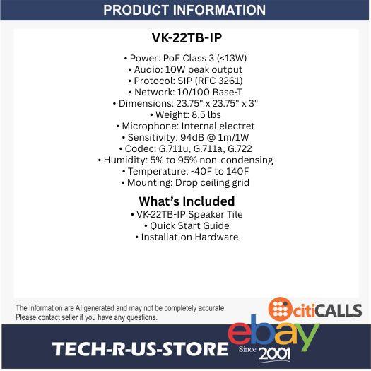 Viking Electronics VK-22TB-IP 2x2 IP Ceiling Tile Talk-Back Speaker PoE VoIP SIP