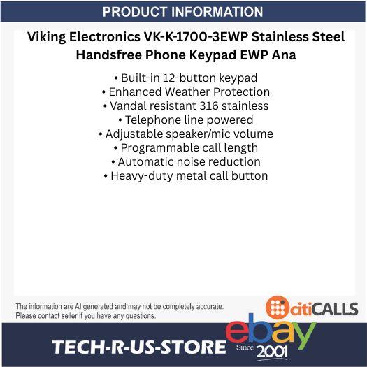 Viking Electronics VK-K-1700-3EWP Stainless Steel Handsfree Phone w Keypad EWP