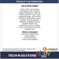Viking Electronics VK-K-1700-3EWP Stainless Steel Handsfree Phone w Keypad EWP
