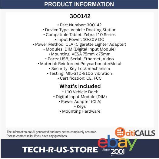 Zebra 300142 L10 Vehicle Docking Station Cradle DIM CLA Power Adapter Accessory