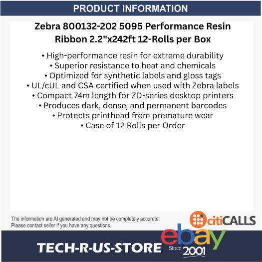 Zebra 800132-202 5095 Performance Resin Ribbon 56.9mm x 74m 12Pack for ZD Series