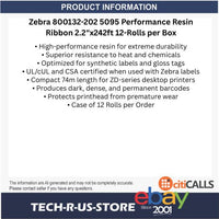 Zebra 800132-202 5095 Performance Resin Ribbon 56.9mm x 74m 12Pack for ZD Series