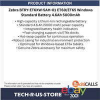 Zebra BTRY-ET6XW-5AH-01 ET60/ET65 Windows Standard Battery 4.6Ah 5000mAh Power
