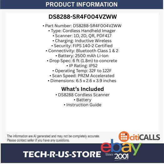 Zebra DS8288-SR4F004VZWW DS8288 Cordless Scanner FIPS Inductive Charging Black