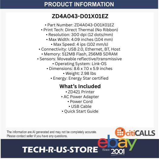 Zebra ZD4A043-D01X01EZ ZD421 Direct Thermal Printer 300 dpi USB Ethernet BT Host